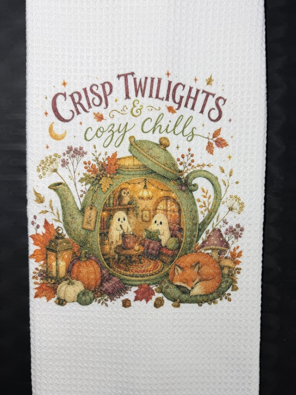Cozy Ghost Teapot Halloween Kitchen Towel - New